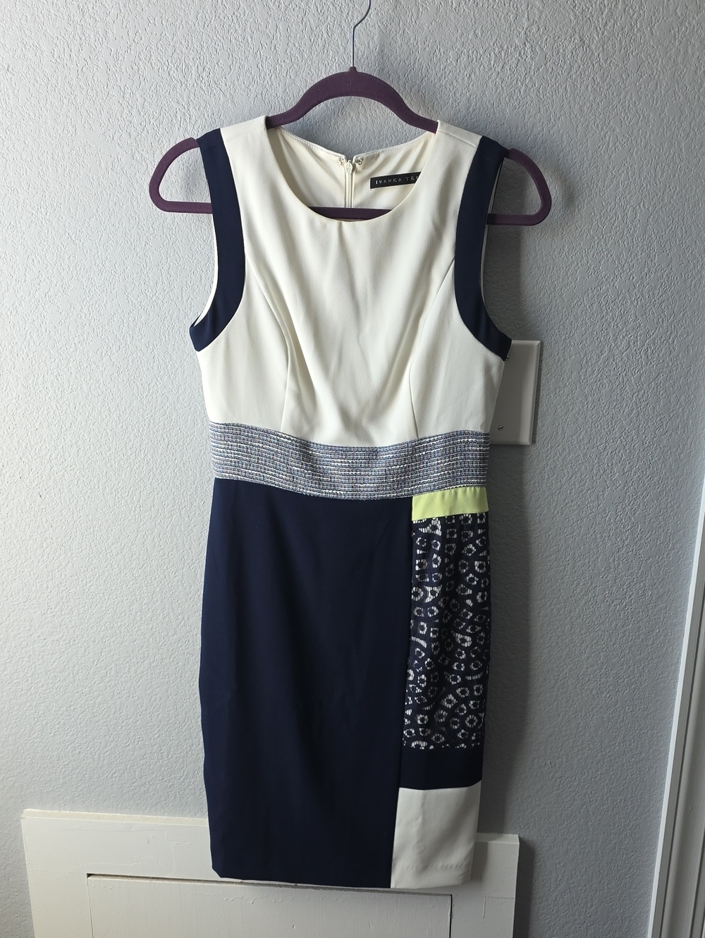 Ivanka Trump Navy, Ivory and Lime Colorblock Midi Sheath Dress